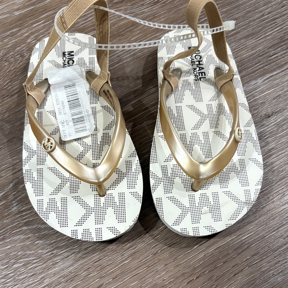 Michael Kors Girls Gold and White Logo Flip Flop Sandals